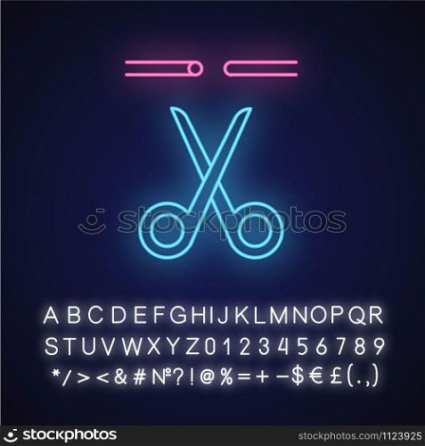 Sterilisation neon light icon. Fallopian tubes blocked and removed. Vasectomy. Safe sex. Permanent pregnancy prevention. Glowing sign with alphabet, numbers and symbols. Vector isolated illustration
