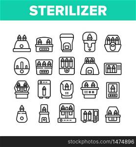 Sterilizer Device Collection Icons Set Vector. Sterilizer Electronic Equipment Milk Bottle For Cleaning, Steaming And Disinfection Concept Linear Pictograms. Monochrome Contour Illustrations. Sterilizer Device Collection Icons Set Vector