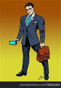 Stern businessman with a smartphone. Untied the laces on the Shoe. Super hero business concept. Stern businessman with smartphone