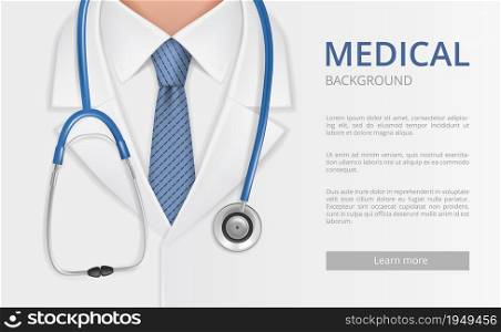 Stethoscope and doctor. Health care concept closeup picture doctor stethoscope on neck decent vector background. Illustration specialist professional with stethoscope, healthy banner. Stethoscope and doctor. Health care concept closeup picture doctor stethoscope on neck decent vector background