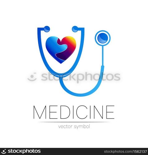 Stethoscope and heart vector logotype in blue color. Medical symbol for doctor, clinic, hospital and diagnostic. Modern concept for logo or identity style. Sign of health. Isolated on white background.. Stethoscope and heart vector logotype in blue color. Medical symbol for doctor, clinic, hospital and diagnostic. Modern concept for logo or identity style. Sign of health. Isolated on white background