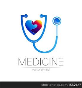 Stethoscope and heart vector logotype in blue color. Medical symbol for doctor, clinic, hospital and diagnostic. Modern concept for logo or identity style. Sign of health. Isolated on white background.. Stethoscope and heart vector logotype in blue color. Medical symbol for doctor, clinic, hospital and diagnostic. Modern concept for logo or identity style. Sign of health. Isolated on white background