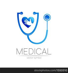 Stethoscope and heart with hand vector logotype in blue color. Medical symbol for doctor, clinic, hospital and diagnostic. Modern concept for logo or identity style. Sign of health. Isolated on white.. Stethoscope and heart with hand vector logotype in blue color. Medical symbol for doctor, clinic, hospital and diagnostic. Modern concept for logo or identity style. Sign of health. Isolated on white