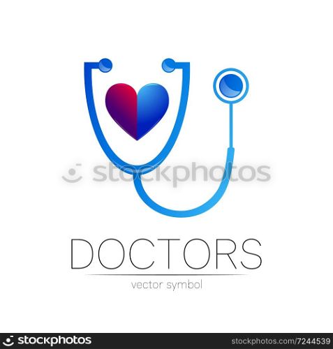 Stethoscope and human heart vector logotype in blue color. Medical symbol for doctor, clinic, hospital and diagnostic. Modern concept for logo or identity style. Sign of health. Isolated on white.. Stethoscope and human heart vector logotype in blue color. Medical symbol for doctor, clinic, hospital and diagnostic. Modern concept for logo or identity style. Sign of health. Isolated on white