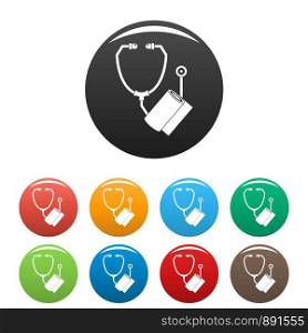 Stethoscope, bandage icons set 9 color vector isolated on white for any design. Stethoscope, bandage icons set color
