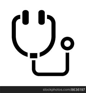 Stethoscope black glyph icon. Medical device. Listen to heartbeat and respiration. Illness diagnostics. Silhouette symbol on white space. Solid pictogram. Vector isolated illustration. Stethoscope black glyph icon