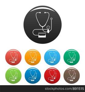 Stethoscope, blood presure icons set 9 color vector isolated on white for any design. Stethoscope, blood presure icons set color