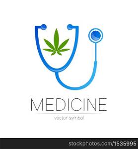 Stethoscope, cannabis vector logotype in blue color. Medical marijuana symbol for doctor, clinic, hospital and diagnostic. Modern concept for logo or identity style. Sign of health. Isolated on white. Stethoscope, cannabis vector logotype in blue color. Medical marijuana symbol for doctor, clinic, hospital and diagnostic. Modern concept for logo or identity style. Sign of health. Isolated on white.