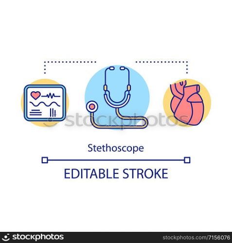 Stethoscope concept icon. Medical instrument. Therapeutic tool for listening heart, breathing. Cardiac diagnosis idea thin line illustration. Vector isolated outline drawing. Editable stroke
