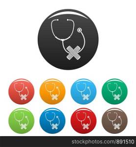 Stethoscope, cross bandage icons set 9 color vector isolated on white for any design. Stethoscope, cross bandage icons set color