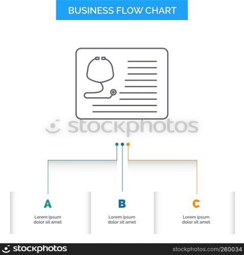 stethoscope, doctor, cardiology, healthcare, medical Business Flow Chart Design with 3 Steps. Line Icon For Presentation Background Template Place for text