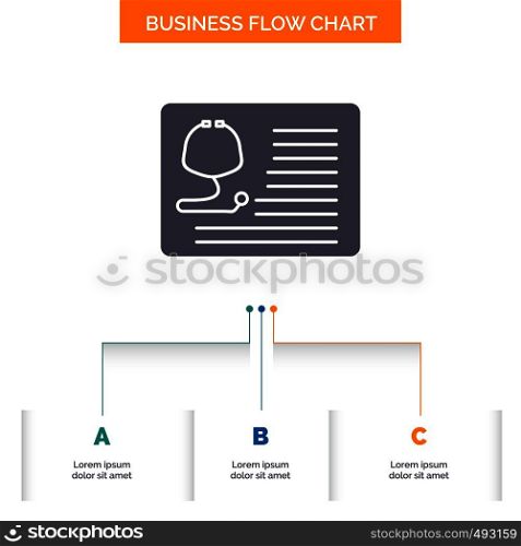 stethoscope, doctor, cardiology, healthcare, medical Business Flow Chart Design with 3 Steps. Glyph Icon For Presentation Background Template Place for text.. Vector EPS10 Abstract Template background