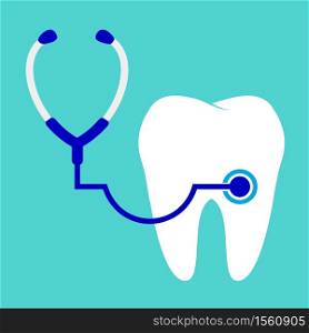 stethoscope examining tooth. Isolated on green background. Flat style design, vector illustration.
