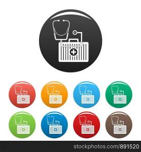 Stethoscope, first aid kit icons set 9 color vector isolated on white for any design. Stethoscope, first aid kit icons set color
