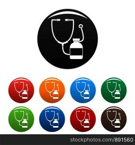 Stethoscope, medical bottle icons set 9 color vector isolated on white for any design. Stethoscope, medical bottle icons set color
