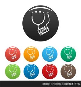 Stethoscope, pills icons set 9 color vector isolated on white for any design. Stethoscope, pills icons set color