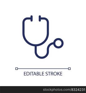 Stethoscope pixel perfect linear ui icon. Medical examination instrument. Equipment. GUI, UX design. Outline isolated user interface element for app and web. Editable stroke. Arial font used. Stethoscope pixel perfect linear ui icon