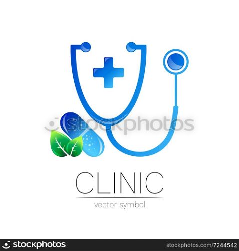 Stethoscope, tablet, green leaf and cross vector logotype in blue color. Medical symbol for doctor, clinic, hospital and diagnostic. Modern concept for logo or identity style. Sign of health. Stethoscope, tablet, green leaf and cross vector logotype in blue color. Medical symbol for doctor, clinic, hospital and diagnostic. Modern concept for logo or identity style. Sign of health.