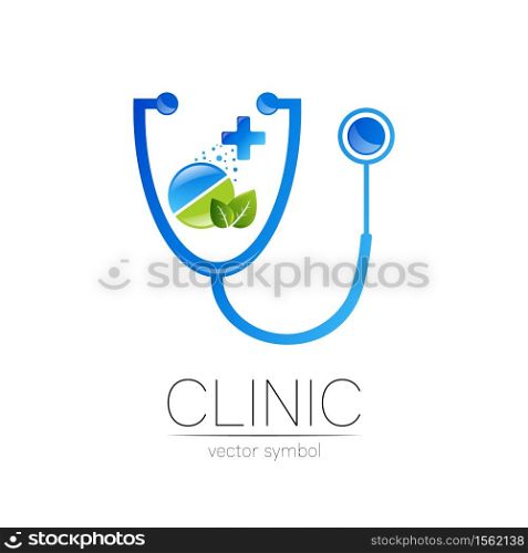 Stethoscope, tablet, leaf and cross vector logotype in blue color. Medical symbol for doctor, clinic, hospital and diagnostic. Modern concept for logo or identity style. Sign of health. On white. Stethoscope, tablet, leaf and cross vector logotype in blue color. Medical symbol for doctor, clinic, hospital and diagnostic. Modern concept for logo or identity style. Sign of health. On white .