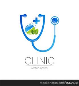 Stethoscope, tablet, leaf and cross vector logotype in blue color. Medical symbol for doctor, clinic, hospital and diagnostic. Modern concept for logo or identity style. Sign of health. On white. Stethoscope, tablet, leaf and cross vector logotype in blue color. Medical symbol for doctor, clinic, hospital and diagnostic. Modern concept for logo or identity style. Sign of health. On white .
