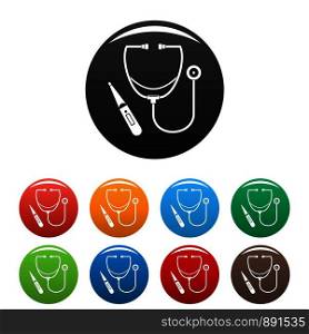 Stethoscope, thermometer icons set 9 color vector isolated on white for any design. Stethoscope, thermometer icons set color