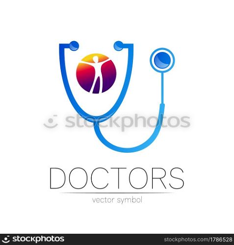 Stethoscope vector logotype in blue and violet color. Man in circle. Medical symbol for doctor, clinic, hospital and diagnostic. Modern concept for logo or identity style. Sign of health. Isolated.. Stethoscope vector logotype in blue and violet color. Man in circle. Medical symbol for doctor, clinic, hospital and diagnostic. Modern concept for logo or identity style. Sign of health. Isolated