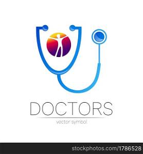 Stethoscope vector logotype in blue and violet color. Man in circle. Medical symbol for doctor, clinic, hospital and diagnostic. Modern concept for logo or identity style. Sign of health. Isolated.. Stethoscope vector logotype in blue and violet color. Man in circle. Medical symbol for doctor, clinic, hospital and diagnostic. Modern concept for logo or identity style. Sign of health. Isolated