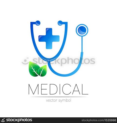 Stethoscope with cross and leaves vector logotype in blue color. Medical symbol for doctor, clinic, hospital and diagnostic. Modern concept for logo or identity style. Sign health. Isolated on white. Stethoscope with cross and leaves vector logotype in blue color. Medical symbol for doctor, clinic, hospital and diagnostic. Modern concept for logo or identity style. Sign health. Isolated on white.