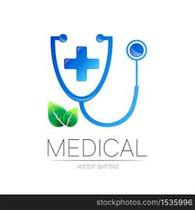 Stethoscope with cross and leaves vector logotype in blue color. Medical symbol for doctor, clinic, hospital and diagnostic. Modern concept for logo or identity style. Sign health. Isolated on white. Stethoscope with cross and leaves vector logotype in blue color. Medical symbol for doctor, clinic, hospital and diagnostic. Modern concept for logo or identity style. Sign health. Isolated on white.