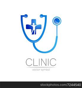 Stethoscope with cross and man vector logotype in blue color. Medical symbol for doctor, clinic, hospital and diagnostic. Modern concept for logo or identity style. Sign health. Isolated.. Stethoscope with cross and man vector logotype in blue color. Medical symbol for doctor, clinic, hospital and diagnostic. Modern concept for logo or identity style. Sign health. Isolated