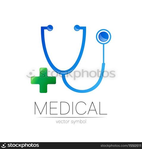 Stethoscope with cross vector logotype in blue and green color. Medical symbol for doctor, clinic, hospital and diagnostic. Modern concept for logo or identity style. Sign health. On white background. Stethoscope with cross vector logotype in blue and green color. Medical symbol for doctor, clinic, hospital and diagnostic. Modern concept for logo or identity style. Sign health. On white background.