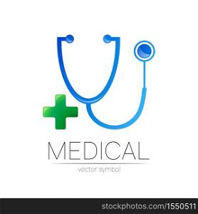 Stethoscope with cross vector logotype in blue and green color. Medical symbol for doctor, clinic, hospital and diagnostic. Modern concept for logo or identity style. Sign health. On white background. Stethoscope with cross vector logotype in blue and green color. Medical symbol for doctor, clinic, hospital and diagnostic. Modern concept for logo or identity style. Sign health. On white background.