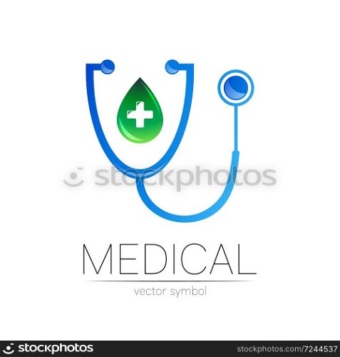 Stethoscope with cross vector logotype in blue and green color. Medical symbol for doctor, clinic, hospital and diagnostic. Modern concept for logo or identity style. Sign health. Isolated on white. Stethoscope with cross vector logotype in blue and green color. Medical symbol for doctor, clinic, hospital and diagnostic. Modern concept for logo or identity style. Sign health. Isolated on white.