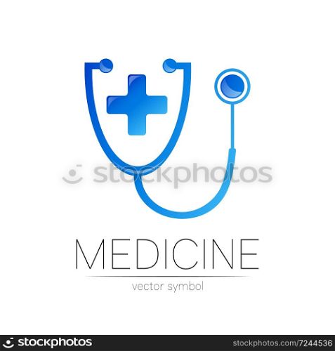 Stethoscope with cross vector logotype in blue color. Medical symbol for doctor, clinic, hospital and diagnostic. Modern concept for logo or identity style. Sign health. Isolated on white background. Stethoscope with cross vector logotype in blue color. Medical symbol for doctor, clinic, hospital and diagnostic. Modern concept for logo or identity style. Sign health. Isolated on white background.