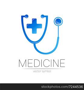 Stethoscope with cross vector logotype in blue color. Medical symbol for doctor, clinic, hospital and diagnostic. Modern concept for logo or identity style. Sign health. Isolated on white background. Stethoscope with cross vector logotype in blue color. Medical symbol for doctor, clinic, hospital and diagnostic. Modern concept for logo or identity style. Sign health. Isolated on white background.