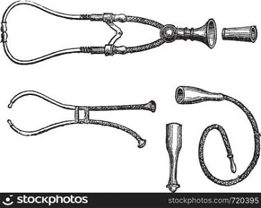 Stethoscopes, vintage engraving. Old engraved illustration of three types of Stethoscopes isolated on a white background.
