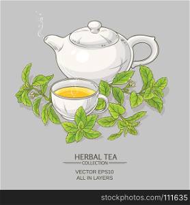stevia tea illustration. cup of stevia tea and teapot on color background