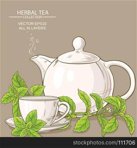 stevia tea illustration. cup of stevia tea and teapot on color background
