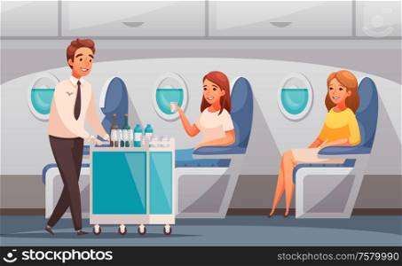 Steward offering drinks to passengers in plane cartoon vector illustration