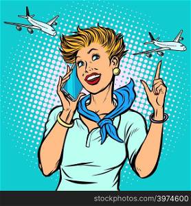 stewardess at the airport talking on the phone. Pop art retro vector illustration kitsch vintage. stewardess at the airport talking on the phone