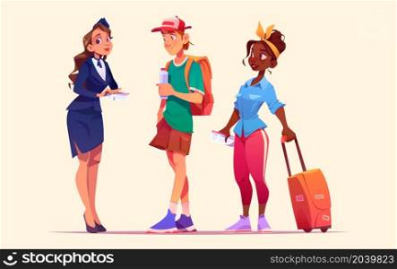 Stewardess check tickets of tourists. Vector cartoon illustration of people with luggage in queue and woman air hostess with boarding pass for airplane flight isolated on background. Stewardess check tickets of tourists