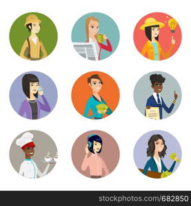 Stewardess holding clipboard and giving thumb up. Young stewardess with clipboard. Set of different professions. Set of vector flat design illustrations in the circle isolated on white background.. Vector set of characters of different professions.