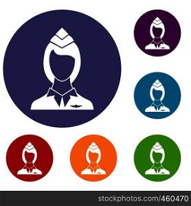 Stewardess icons set in flat circle reb, blue and green color for web. Stewardess icons set