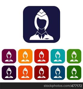 Stewardess icons set vector illustration in flat style in colors red, blue, green, and other. Stewardess icons set