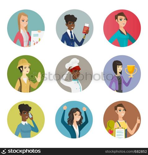Stewardess showing passport and airplane ticket. Stewardess holding airplane ticket. Set of different professions. Set of vector flat design illustrations in the circle isolated on white background.. Vector set of characters of different professions.