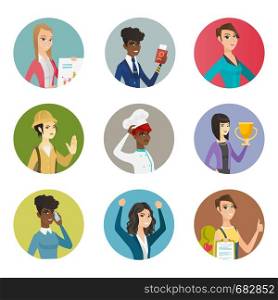 Stewardess showing passport and airplane ticket. Stewardess holding airplane ticket. Set of different professions. Set of vector flat design illustrations in the circle isolated on white background.. Vector set of characters of different professions.