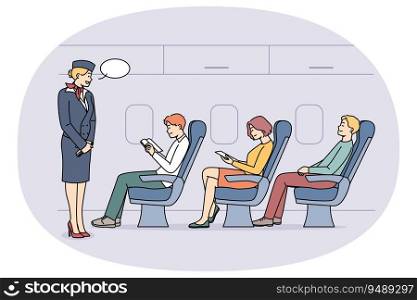 Stewardess talking with passengers on plane. Aircraft staff serving people onboard of aircraft. Aviation service. Vector illustration.. Stewardess talking with passengers on plane