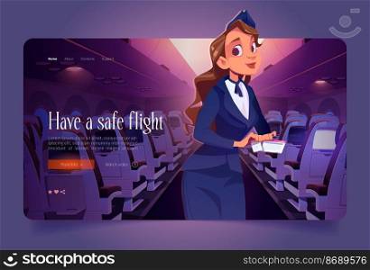 Stewardess with ticket in airplane cartoon landing page. Air hostess, Young woman in uniform, aircrew company plane flight attendant wish safe flight to passengers in plane aisle, Vector web banner. Stewardess with ticket in airplane cartoon landing