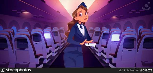Stewardess with ticket inside airplane cabin. Woman air hostess check boarding pass. Vector cartoon illustration of plane interior with empty chairs and girl in professional uniform with flight coupon. Stewardess with ticket inside airplane cabin