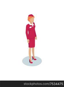 Stewardess woman character in overall cloth with cap icon isolated. Airline cabin attendant female representative miniature vector isometric character.. Air Hostess or Stewardess Isometric Depiction